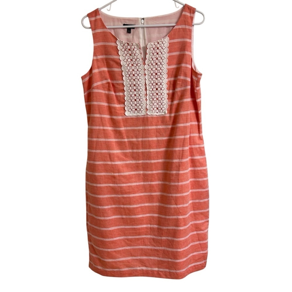 Talbots Women Size 8 Sleeveless Shift Dress Coral Linen Blend Crochet Trim Lined